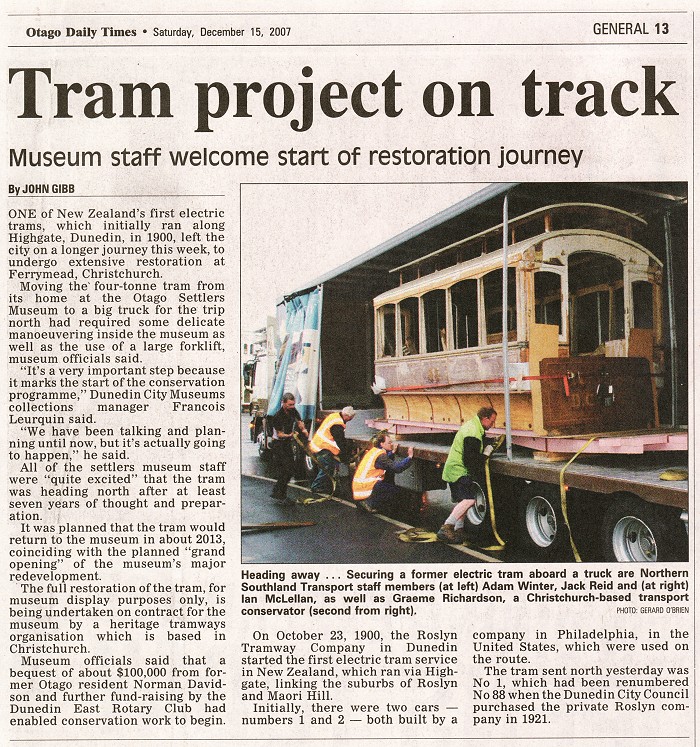 Maori Hill electric tram heading for restoration
