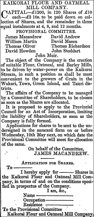 1857 advert Kaikorai Flour Mill shares